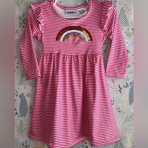 Blueberi Boulevard Pink Striped Sequin Rainbow Ruffle Shoulder Stretchy Dress